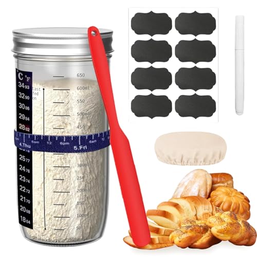 Sauerteig Starter Set, 730ml Sauerteig Glas, Brot backen Zubehör Mit Aluminiumdeckel 8 Etiketten Silikonspatel Temperaturband, Stoffhut sauerteig set, Für Brotbacken, Fermentieren von Tarange