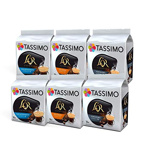 Tassimo Coffee L'OR Espresso Sortenpackung Kaffeekapseln - L'OR Decaffeinato, Delizioso, Fortissimo - 6 Packungen (96 Portionen) von Tassimo