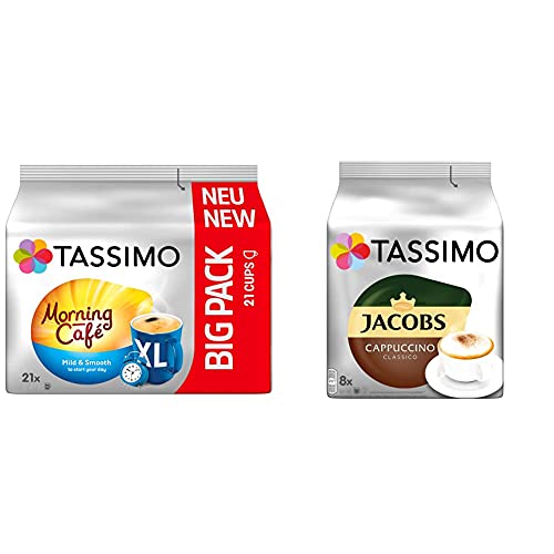 Tassimo Morning Café XL Mild & Smooth, 5er Pack Kaffee Kapseln im Big Pack (5 x 21 Getränke) & Kapseln Jacobs Cappuccino Classico, 40 Kaffeekapseln, 5er Pack, 5 x 8 Getränke von Tassimo