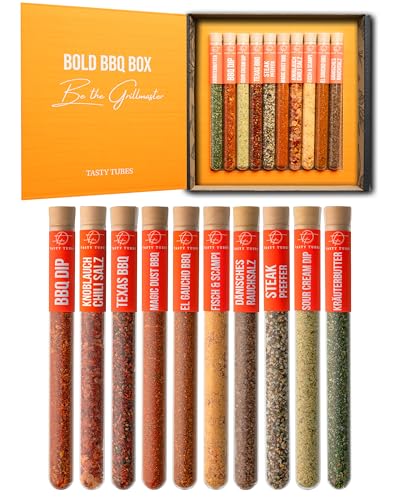 Tasty Tubes - Bold BBQ Box - Gewürz-Set - Besonderes Weihnachts-Geschenk für Männer & Frauen - 10 verschiedene BBQ-, Dip- & Kräuterbutter-Gewürzmischungen - Geschenkbox für Grill-Begeisterte von Tasty Tubes