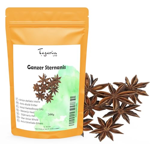 500g Ganzer Sternanis - Badiane - Sternanis Kapseln - Intensives Aroma & Geschmack - Infusion, Tee und Hausrezepte - Erste Wahl - Illicium Verum - 100% Natürlich | Premiumqualität - TazainLTD von Tazarin LTD