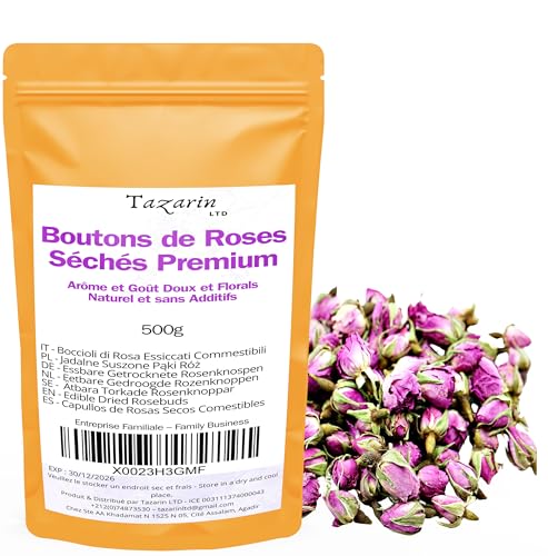 500g Premium Speisepflanzen-Rosenknospen - Infusion aus getrockneten Atlas-Rosenblättern - Süßer und blumiger Geschmack und Aroma - 100% natürlich, rein und ohne Zusatzstoffe | TazarinLtd von Tazarin LTD