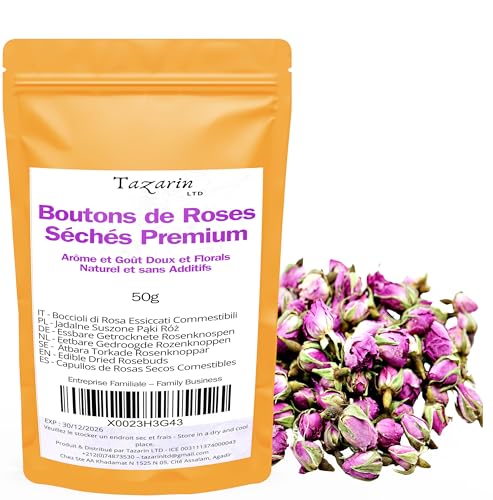 50g Premium Speisepflanzen-Rosenknospen - Infusion aus getrockneten Atlas-Rosenblättern - Süßer und blumiger Geschmack und Aroma - 100% natürlich, rein und ohne Zusatzstoffe | TazarinLtd von Tazarin LTD