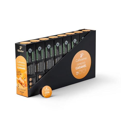 Tchibo Cafissimo Vorratsbox Espresso Caramel Kaffeekapseln, 80 Stück – 8x 10 Kapseln (Espresso, ausdrucksvoll mit Sahne-Karamellnote), nachhaltig & fair gehandelt, Flavoured Edition von Tchibo