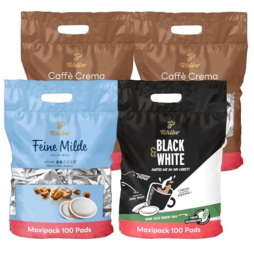 Tchibo Kaffeepads Probierset Vorratspack Maxipack, Feine Milde (1x), Caffè Crema vollmundig (2x) & BLACK&WHITE (1x), 400 Stück - 4x 100 Pads, nachhaltig, geeignet für Senseo Maschinen von Tchibo