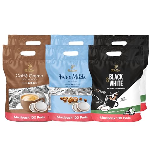 Tchibo Kaffeepads Probierset Vorratspack Maxipack, Feine Milde (2x), Caffè Crema vollmundig (2x) & BLACK&WHITE (2x), 600 Stück - 6x 100 Pads, nachhaltig, geeignet für Senseo Maschinen von Tchibo