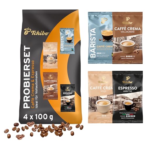 Tchibo Kaffeeprobierset Caffè Crema und Espresso 400g (4x 100g) Testpaket Geschenkidee, verschiedene Sorten, geröstete Kaffeebohnen, Ideal für Vollautomaten, Siebträger- und Espressomaschinen von Tchibo