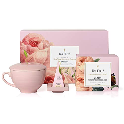 Tea Forte Geschenk-Set mit Kaffeetasse, Teetablett und 10 handgefertigten Pyramiden-Tee-Ei (Jardin) von Tea Forte