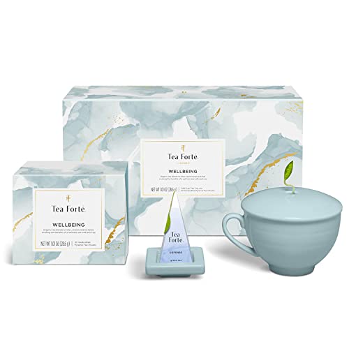 Tea Forte Geschenk-Set mit Kaffeetasse, Teetablett und 10 handgefertigten Pyramiden-Tee-Ei (Wellbeing) von Tea Forte