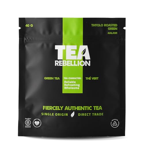 Tea Rebellion | Single Origin Roasted Green Tea | Fair Trade, UTZ+ & Rainforest Certified | Reliable, Refreshing, Wholesome | Thyolo Roasted Green Malawi Sourced | 40G Hand Picked Loose Leaf Tea von Tea Rebellion