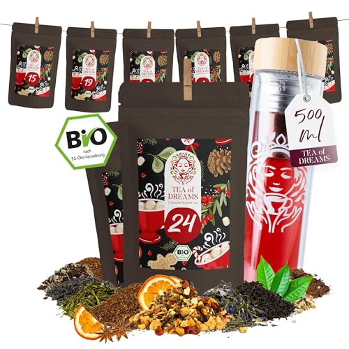 Bio Tee Adventskalender 2024 | Inklusive Tee Flasche To Go | loser Tee - Mit Liebe gefertigt von Menschen mit Behinderung | fair | 24 x 10g loser Tee im Weihnachtskalender von Tea of Dreams