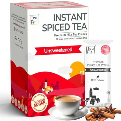 TeaFit Premium Unsweetened Spiced Instant Tea Premix - 10 Single Serve Sachets | Ready to Drink Instant Milk Tea Premix | Strong Home Like Masala Chai | No Added Artificial Sugar von TeaFit