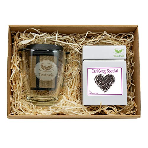 TEALAVIE – Tee Geschenk Set - TeaForOne Earl Grey Special | Stilvolles Teeglas mit Dauerfilter und exklusiver Teedose – 100g Earl Grey mit kräftiger Bergamotte – Tea-For-One von TeaLaVie