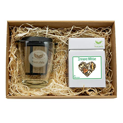 TEALAVIE – Tee Geschenk Set - TeaForOne Innere Mitte | Stilvolles Teeglas mit Dauerfilter und exklusiver Teedose – 100g Grüntee – Ingwer Zitrone – Tea-For-One-Set mit Sieb von TeaLaVie