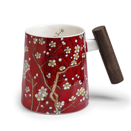 Tea Logic | Porzellan Henkelbecher mit Holzgriff | Teetasse mit asiatischem Mandelblüten Motiv | Dunkelrot | für 0,4l Inhalt von TeaLogic - White Cherry