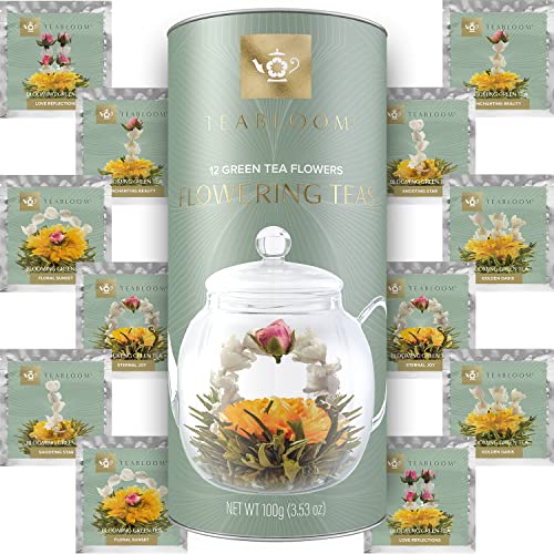Teabloom Teeblumen Sortiment – 12 Sorten Blumentee in Eleganter Geschenk Teebox – 36 Aufgüsse (Jasmin) von Teabloom
