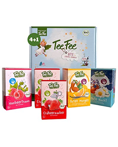 TeeFee | Bio-Kindertee Set mit 4 leckeren Tee-Sorten + 1 Packung gratis | DE-ÖKO-001 | Zucker- & kalorienfrei | Kräuter-, Honigbusch-, Himbeer- & Erdbeer-Tee von TeeFee