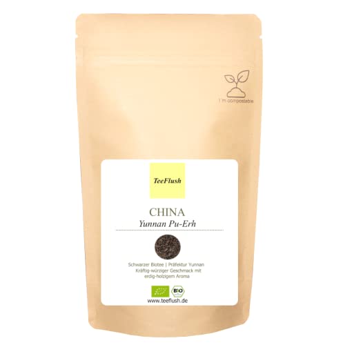 Pu Erh, Schwarzer Tee, Ernte 2023, Bio, 250g, lose Blätter, Herkunft: China/Yunnan, Kräftig-würziger Geschmack mit erdig-holzigem Aroma von TeeFlush