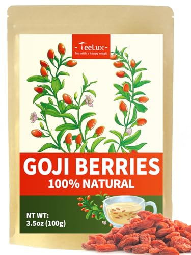 TeeLux Getrocknete Goji Beeren 100g Essbarer, Vegan, Natürliche Ganze Rohe Wolfsbeeren, Koffeinfrei Kräutertee, Gesunder Kräutertee von TeeLux