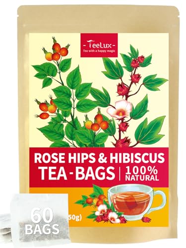 TeeLux Hibiskus Hagebutte Tee Beutel 60 Stück, Vegan, Mischung aus Hibiskusblüten und Hagebutten, Säuerlich-Süßer Geschmack, Koffeinfrei Kräutertee von TeeLux