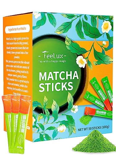 TeeLux Instant Matcha Pulver Sachets 50 Stück, Vegan, Reine Matcha Grüner Tee Pulver in Sticks, Vibrant, Verwendung zum Trinken, Kochen, Backen, Smoothies, Matcha Latte von TeeLux