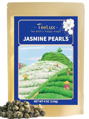 TeeLux Jasmin Grüner Tee Lose 114g, Jasmin Perlen aus China, Vegan, Natürlicher Jasmintee mit Herrlichem Aroma, Duftender Grüner Tee mit Jasminblüten von TeeLux