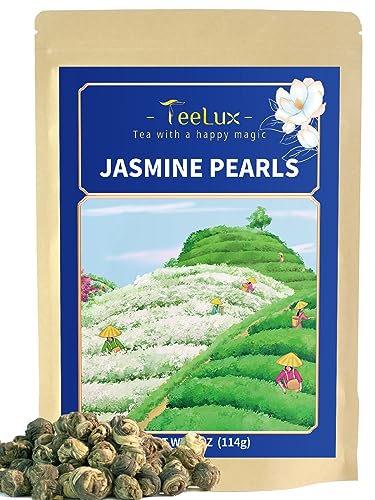 TeeLux Jasmin Grüner Tee Lose 114g, Jasmin Perlen aus China, Vegan, Natürlicher Jasmintee mit Herrlichem Aroma, Duftender Grüner Tee mit Jasminblüten von TeeLux