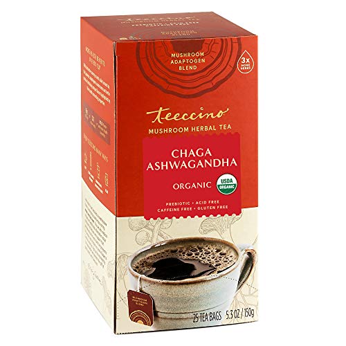 Teeccino Chaga Ashwagandha Tee - Buttertoffee-Sahne - Bio-Pilz Adaptogenic Kräutertee, 3x mehr Kräuter als normale Teebeutel, präbiotisch, koffeinfrei, glutenfrei - 25 Teebeutel von Teeccino