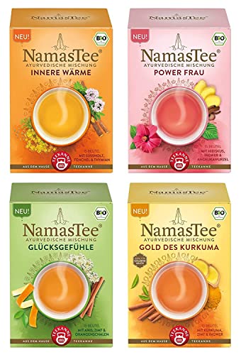 Teekanne NamasTee - Alle 4 Sorten - Kräutertee nach Ayurvedischer Mischung - Power Frau (27g), Gold des Kurkuma (30g), Glücksgefühle (30g), Innere Wärme (27g) von Teekanne GmbH & Co. KG