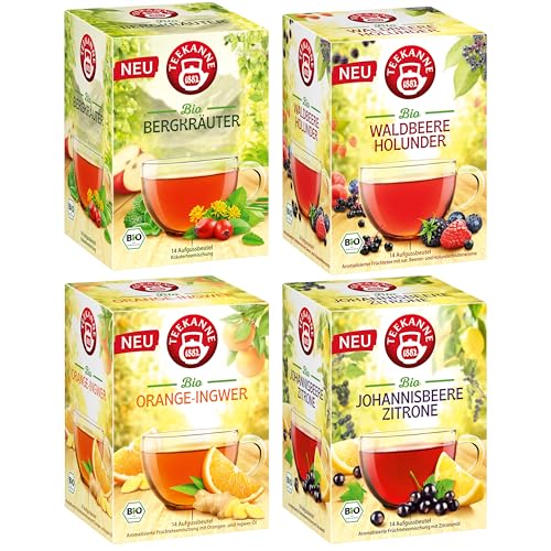 Teekanne Bio Genussgarten Früchtetee 4er Set (4x 14 Teebeutel) - Bergkräuter, Johannisbeere Zitrone, Waldbeere Holunder, Orange Ingwer – 100% Bio, laktosefrei, glutenfrei & vegan von Teekanne