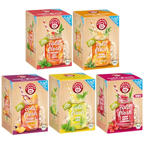 Teekanne Cold & Fresh Bio Eistee 5er Set: Hibiskus-Himbeere, Zitrone-Minze, Pfirsich-Maracuja, Orange-Rosmarin, Grapefruit-Ingwer, 210 g - Zuckerfrei, laktosefrei - Perfekt für Erfrischung & Detox von Teekanne