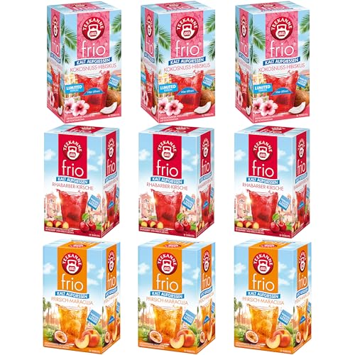 Teekanne Frio 3x3er Set Classic - 3x Kokosnuss-Hibiskus je (45g), 3x Pfirsich-Maracuja je (45g), 3x Rhabarber-Kirsche je (45g) - ohne Zucker & Kalorien - limited edition, perfekt für heiße Sommertage von Teekanne