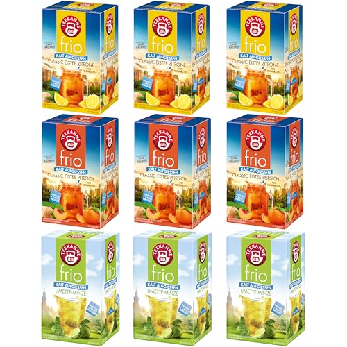 Teekanne Frio 3x3er Set Classic - 3x Limette Minze je (45g), 3x Classic Eistee Pfirsich je (45g), 3x Classic Eistee Zitrone je (45g) - ohne Zucker & Kalorien, ideal für Sommergetränke von Teekanne