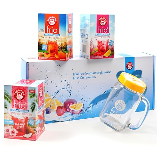 Teekanne Frio Geschenkbox mit Teeglas & Deckel, 3 Frio Sorten: Himbeer-Zitrone, Kokosnuss Hibiskus, Eistee Pfirsich - je 18 Teebeutel pro Box, ohne Strohhalm, perfekt zum Verschenken von Teekanne