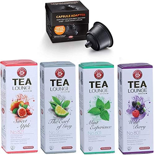 Teekanne Tealounge Tee-Kapsel Set – 32 aromatische Tee-Kapseln (4 Sorten je 8 Stück): Mint Experience, Sweet Apple, The Earl of Grey & Wild Berry + 1x Kapsel-Adapter für Dolce Gusto Maschinen von Teekanne