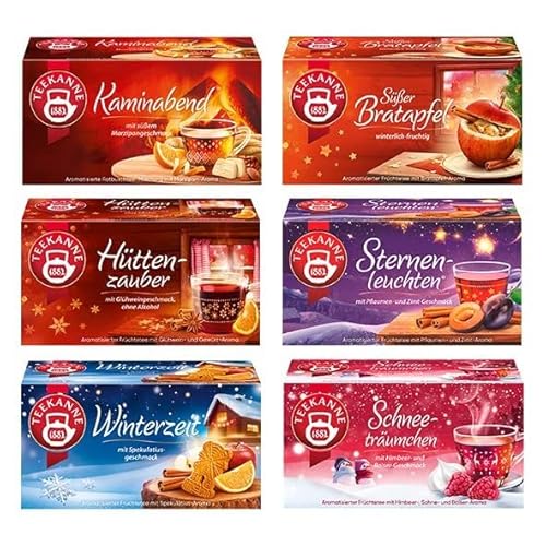 Teekanne Wintertee 6er Pack, Schneeträumchen, Sternenleuchten, Hüttenzauber, Süßer Bratapfel, Kaminabend und Winterzeit, je 20 Teebeutel (280 g) von Teekanne