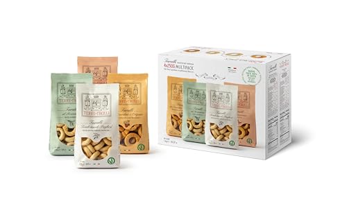 Terre Dei Trulli Taralli Pugliesi Multi Pack - 4 Packungen à 250g | Traditionelle apulische Pugliesi mit Rosmarin, Tomate, Oregano und Chili | Gesunder Snack für eine leckere Mahlzeit | Gesunde Snacks von Terre dei Trulli