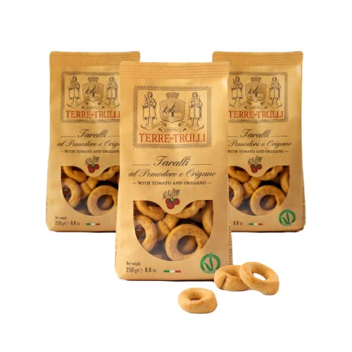 Terre Dei Trulli Taralli Pugliesi mit Tomate und Oregano - 3 Packungen à 250g | Gesunder Snack für Eine Schnelle und Leckere Mahlzeit | Gesunde Snacks, Salzige Snacks, Healthy Snacks von Terre dei Trulli