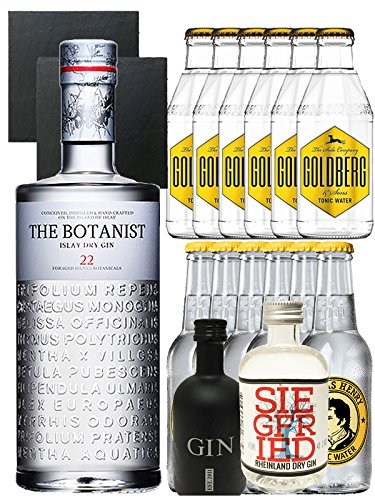 Gin-Set The Botanist Islay Dry Gin 0,7 Liter + Black Gin Gansloser Deutschland 5cl + Siegfried Dry Gin Deutschland 4cl + 6 x Thomas Henry Tonic Water 0,2 Liter, 6 x Goldberg Tonic Water 0,2 Liter + 2 Schieferuntersetzer quadratisch 9,5 cm von The Botanist