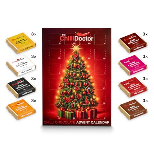 The Chilli Doctor® Exklusiver Adventskalender mit Chili-Schokolade – 24 Stück – Handgefertigt – Premium Schokolade mit Naga Bhut Jolokia, Habanero von The Chilli Doctor