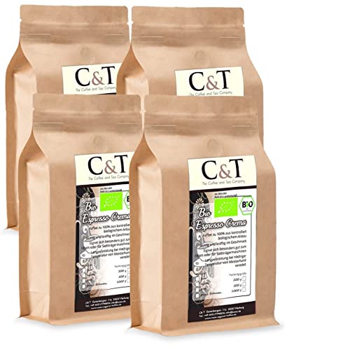 C&T Bio Espresso Crema | Cafe 4 x 1000 g gemahlen Gastro-Sparpack im Kraftpapierbeutel Kaffee für Siebträger, Vollautomaten, Espressokocher von C&T