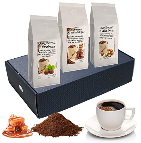 Geschenk Set Aromatisierter Kaffee Gemahlen 3 x 200 g (Haselnuss, Karamell und Macadamia) von C&T