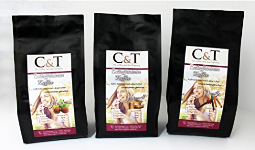 Kaffee mit Geschmack, ohne Koffein! GEMAHLENER Entkoffeinierter Kaffee mit natürlichen Aromen: Haselnuss, Karamell, Vanille (3 Sorten) (500 g) von C&T