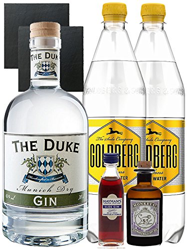 Gin-Set The Duke München Dry BIO Gin 0,7 Liter + Haymans Sloe Gin 5cl + Monkey 47 Schwarzwald Dry Gin 5cl MINIATUR + 2 x Goldberg Tonic Water 1,0 Liter + 2 Schieferuntersetzer quadratisch 9,5 cm von The Duke