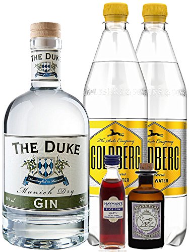 Gin-Set The Duke München Dry BIO Gin 0,7 Liter + Haymans Sloe Gin 5cl + Monkey 47 Schwarzwald Dry Gin 5cl MINIATUR + 2 x Goldberg Tonic Water 1,0 Liter von The Duke