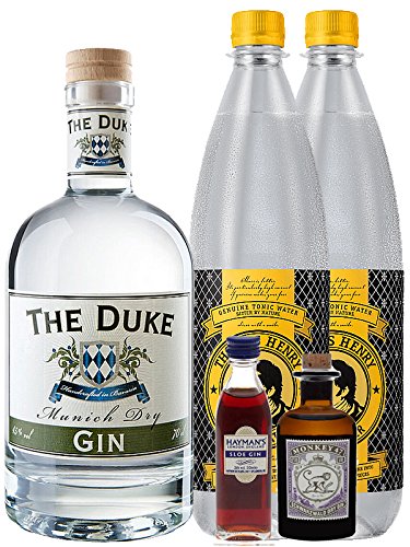 Gin-Set The Duke München Dry BIO Gin 0,7 Liter + Haymans Sloe Gin 5cl + Monkey 47 Schwarzwald Dry Gin 5cl MINIATUR + 2 x Thomas Henry Tonic Water 1,0 Liter von The Duke