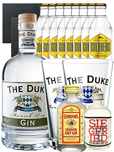 Gin-Set The Duke München Dry BIO Gin 0,7 Liter + Siegfried Dry Gin Deutschland 4cl + Gordons Dry Gin 5cl + 8 x Goldberg Tonic Water 0,2 Liter + 2 Schieferuntersetzer quadratisch 9,5 cm + 2 x The Duke Long Drink Glas 0,3 Liter von The Duke