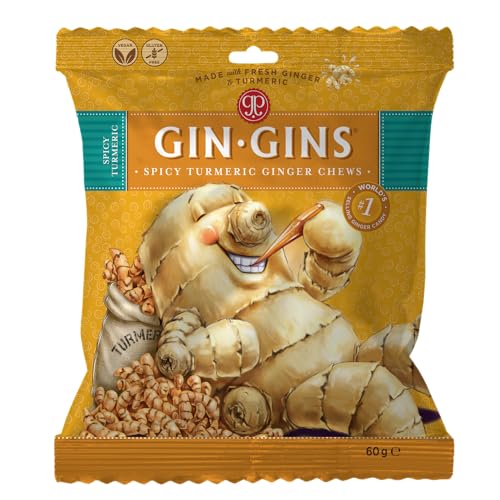 The Ginger People® GIN GINS® Spicy Turmeric-Ingwer-Kaubonbon – Anti-Brechreiz und Verdauungshilfe, einzeln verpacktes gesundes Bonbon – 60 g – (12er-Pack) von The Ginger People