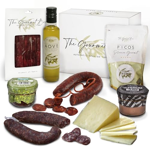 GOURMET BOX | Präsentkorb Spanische Spezialitäten – Tapas | Gourmet Geschenk | Geschenkkorb – Schinken & Salchichon & Chorizo | Spanische Delikatessen | Geschenk für Männer & Frauen | Fresskorb | von The Gourmet Box Authentic Spanish Tapas