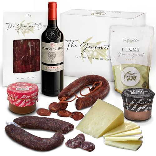 GOURMET BOX | Präsentkorb Spanische Spezialitäten – Tapas | Gourmet Geschenk | Geschenkkorb – Schinken & Salchichon & Chorizo | Spanische Delikatessen | Geschenk für Männer & Frauen | Fresskorb | von The Gourmet Box Authentic Spanish Tapas